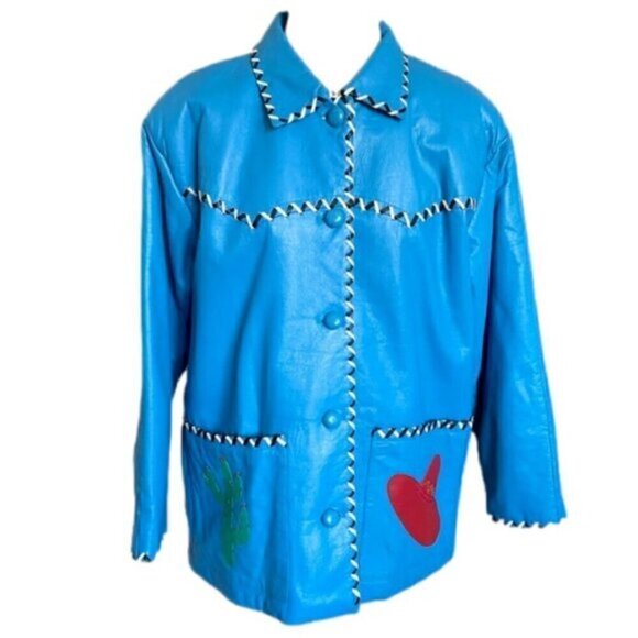Vintage 80s Hannah Pang Blue Patchwork Leather Southwestern Jacket - M/L - Picture 4 of 14